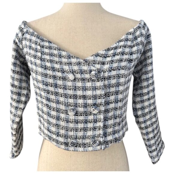 ZARA Women's Textured Off Shoulder Tweed Cropped Plaid Top Blue White Large NWT - Picture 4 of 13
